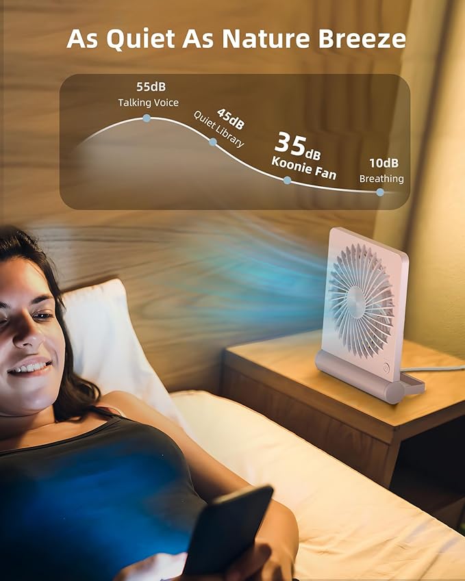 Koonie USB Fan, Strong Wind Ultra Quiet Small Desk Fan 220° Tilt Folding 3 Speeds Adjustable USB-C Powered Personal Fan for Home Office Desktop, Pink, NO BATTERY