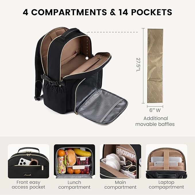 LOVEVOOK Lunch Backpack with Lunch Compartment,17 Inch Laptop Work Travel Insulated Cooler Backpack Purse,Waterproof College Teacher Nurse Lunch Bag Box with Tumbler Holder,Gifts for Men Women,Black