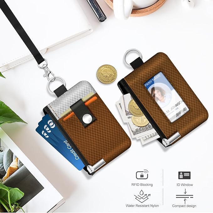 Minimalist RFID Blocking Small Wallet with ID Window,WaterResistant Zip Id Case Wallet with Lanyard Keychain for Cards,Cash,Travel,Women,Men (Brown/Light Grey)