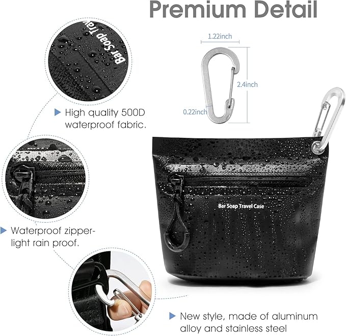 Travel Soap Container Bag with Waterproof Zipper and Carabiner Clip Waterproof and Leak Proof Soap Travel Case Travel Accessories (Black)