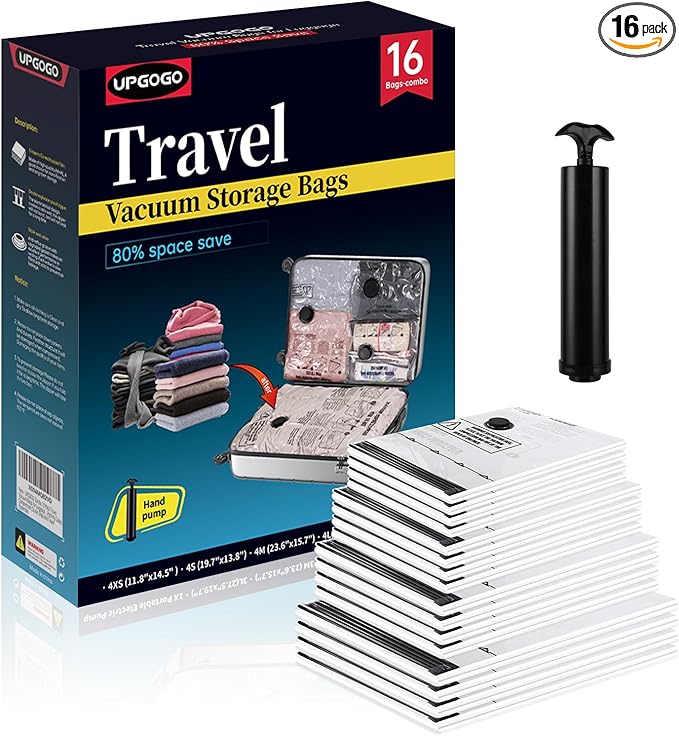 UPGOGO Travel Vacuum Bags for Luggage with Hand Pump,Vacuum Seal Bags for Clothing,Packing Cubes Compression,Cruise Ship and Travel Essentials(Combo 16 Pack)