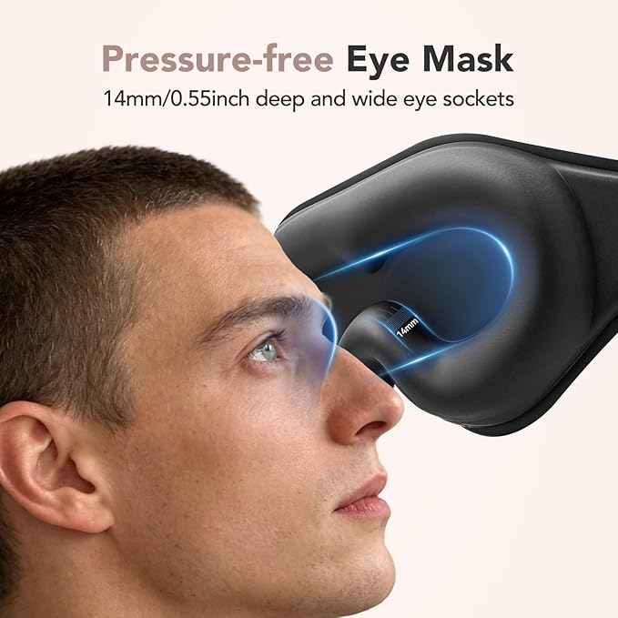 Sleep Mask for Side Sleepers, 3D Deep Contoured Blackout Eye Mask for Sleeping, Zero Pressure Lash-Friendly, Adjustable Light Blocking Travel Mask for Men & Women, Black