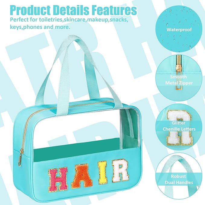 BuyCard Chenille Letter Patch Clear Travel Bags, Preppy PVC&Nylon Makeup Bag with Handle and Zipper, Waterproof Large Clear Travel Toiletry Bag Storage Bag for Women Girls