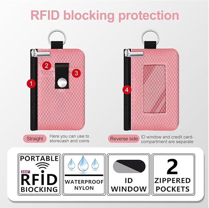 Minimalist RFID Blocking Small Wallet with ID Window,WaterResistant Zip Id Case Wallet with Lanyard Keychain for Cards,Cash,Travel,Women,Men (Pink)
