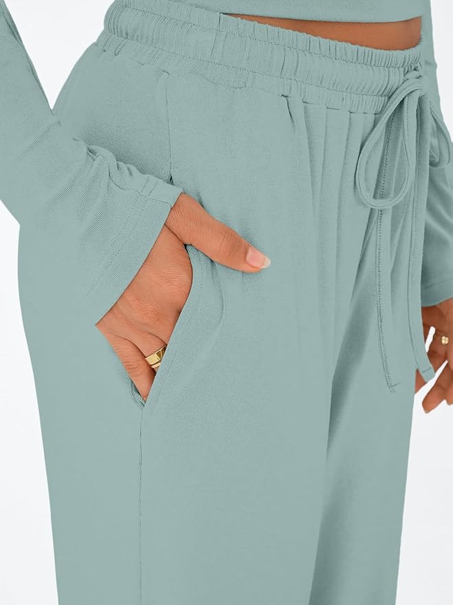 Trendy Queen Women's 2 Piece Matching Lounge Set Long Sleeve Side Ruching Top Wide Leg Drawstring Pants Set with Pockets