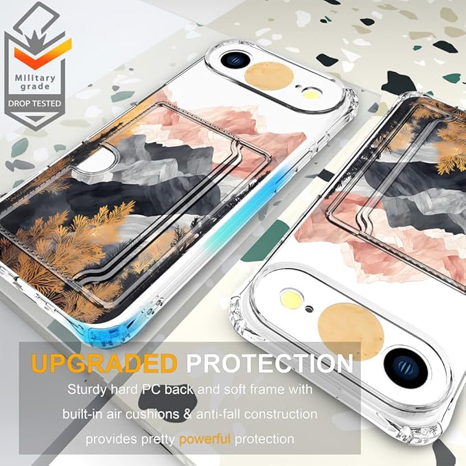 Compatible with iPhone 17 Air Case Card Holder for Women Cute Design,Wallet Phone Cases Transparent Cool Kawaii Protective (Clear Mountain Hill Landscape)