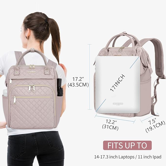 EMPSIGN 17 Inch Laptop Backpack for Women, Work Business Travel Computer College Bags, Large Capacity Water-repellent Quilted Casual Daypack, Dusty Pink