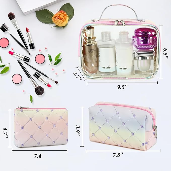 Bluboon 3Pcs Makeup Toiletry Bag for Women, Clear Packing Cubes Cosmetic Bag for Travel Women With Zipper Travel Essentials (Rainbow Heart 2)