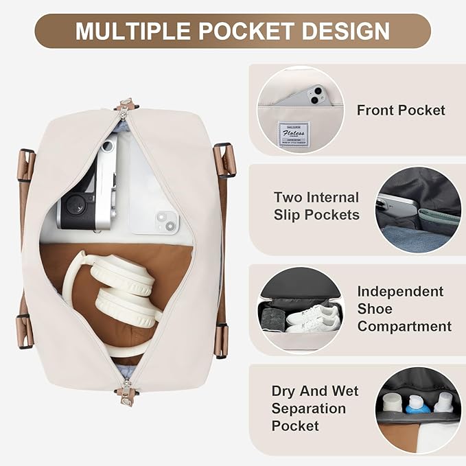 Travel Duffel Bag, 18x14x8 Inches Travel Bag Spirit with Shoes Compartment, Weekender Overnight Bag for Women with Trolley Sleeve, Carry On Bag for Airplanes Sport Tote Gym Bag(Beigebrown).