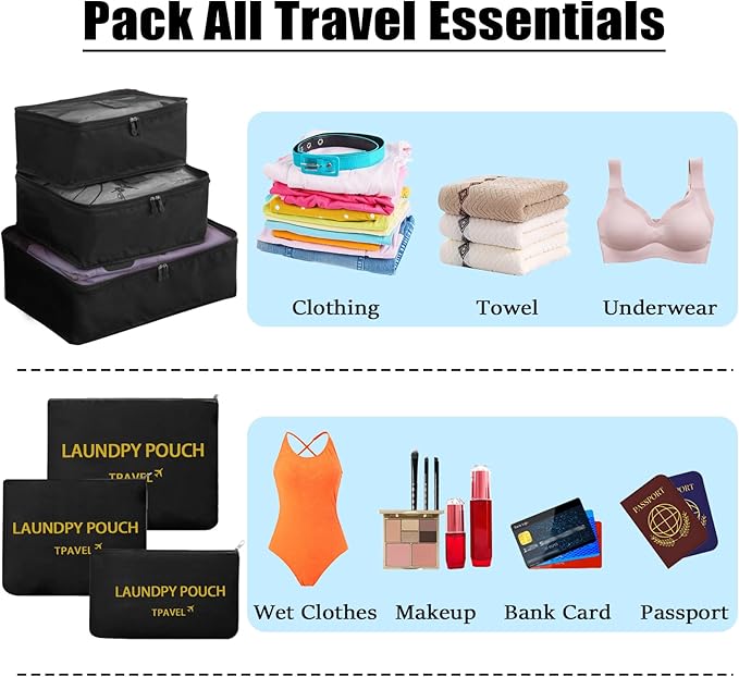12 Set Packing Cubes for Travel Luggage Packing Bags Reusable Waterproof Suitcase Organizer Bags Set with Shoe Bag and Toiletry Bag (Black+Grey)