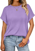 AUTOMET Women's Oversized Short Sleeve T Shirts Casual Drop Shoulder Rolled Cuff Summer Tops for Work, Travel and Lounge