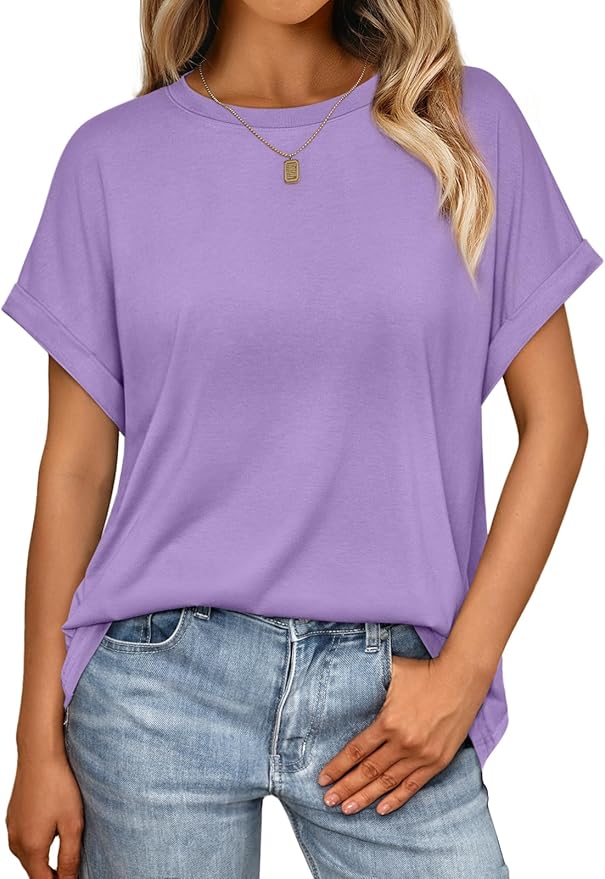 AUTOMET Women's Oversized Short Sleeve T Shirts Casual Drop Shoulder Rolled Cuff Summer Tops for Work, Travel and Lounge