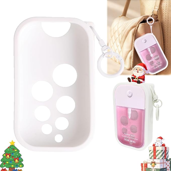Silicone Case for Touchland Hand Sanitizer Spray 1 fl oz,Protective Case with Dual Keychains and Back Hole Design,Portable Hand Sanitizer Holder Keychain for Daily Outings, Travel & More (White)