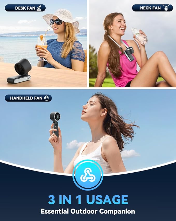 PlayHot Portable Handheld Turbo Fan, 5 Gear Wind, Battery Operated, Up to 12 Working Hours, 3 IN 1 Hand Fans with Air Turbo Tech Cooling Fan for Outdoor Activities, Travel, Beach (Black)