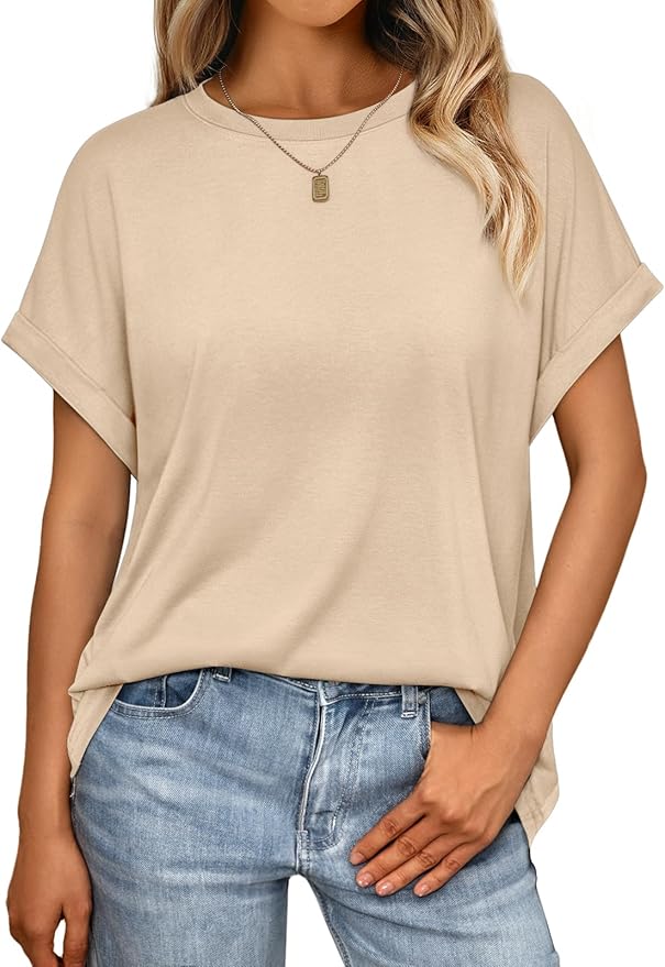 AUTOMET Women's Oversized Short Sleeve T Shirts Casual Drop Shoulder Rolled Cuff Summer Tops for Work, Travel and Lounge