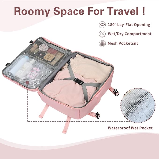 Carry On Backpack for Women & Men – Airline Approved Underseat Size, 15.6" Laptop Compartment, TSA-Friendly 180° Opening, Anti-Theft Business Travel Backpack with Trolley Sleeve (Pink, Large)