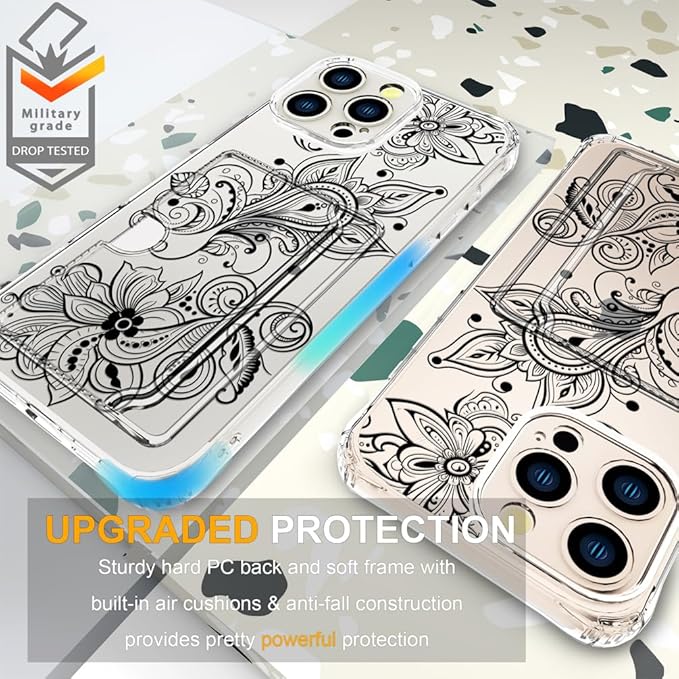 Compatible with iPhone 16 Pro Case Card Holder for Women Cute Design,Wallet Phone Cases Transparent Cool Kawaii Protective (Clear Black Henna Flower)