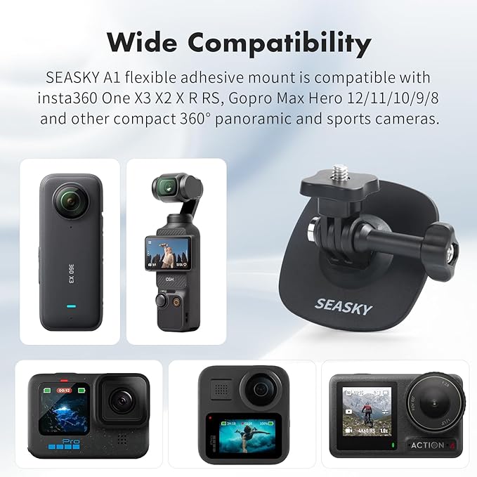 SEASKY [ 2Pack A1 Flexible Adhesive Helmet Mount use Genuine 3M for GoPro Hero13/12/11/10/9/8 Max DJI Action 5 Pro 4 3 Insta360 X5 X4 X3 Ace Pro 2 Sports Camera Accessories Flat Curved Surfaces