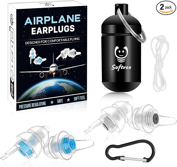 Airplane Ear Pressure Relief Ear Plugs with Lanyard, Prevent Ear-Pain & Noise Reduction, Plane Travel Essentials Pressure Equalizing Earbuds, 100x Reusable Comfy Earplugs for Adults Kids 12+