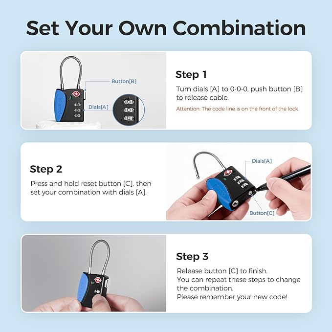 pack all TSA Approved Cable Luggage Locks, 3 Digit Combination Padlocks, Travel Lock for Suitcases & Bag, Alloy Body, Travel Accessories (4 Pack)（Navy）