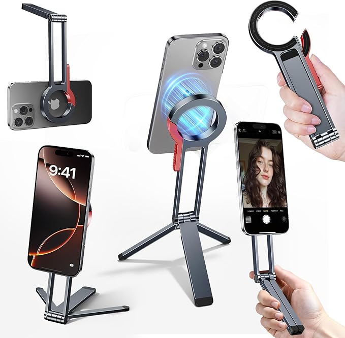 for MagSafe Magnetic Phone Tripod Stand for iPhone & Android Phone, Portable Mini Pocket Tripod Holder, Foldable Aluminum Small Holder with Carabiner Clip for iPhone 16/15/14/13 /12 Series, Black