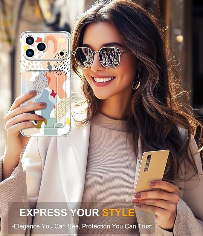 Compatible with iPhone 17 Pro Case Card Holder for Women Cute Design,Wallet Phone Cases Transparent Cool Kawaii Protective (Clear Abstract Art)
