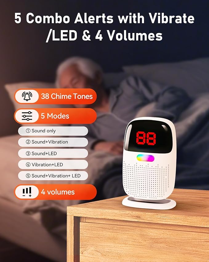 PILSAMAS Wireless Bed Alarms for Elderly Dementia Patients with Motion Sensor & Clip-On Caregiver Pager - Sensor ID Display, 1000ft Range, Room Exit & Fall Alert Devices for Elderly No Month Fee