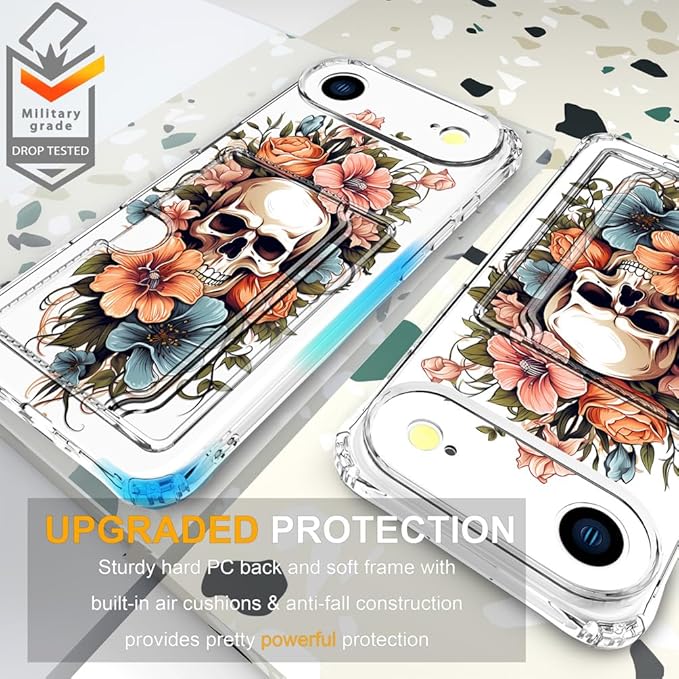 Compatible with iPhone 17 Air Case Card Holder for Women Cute Design,Wallet Phone Cases Transparent Cool Kawaii Protective (Clear Skull & Flowers)