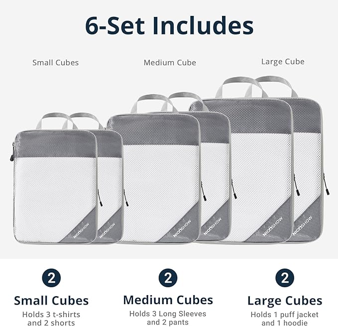 NICOSHOW 6 Set Compression Packing Cubes for Travel - Compressible, Lightweight, and Space-Saving Packing Cubes, Travel Essentials for Women, Grey