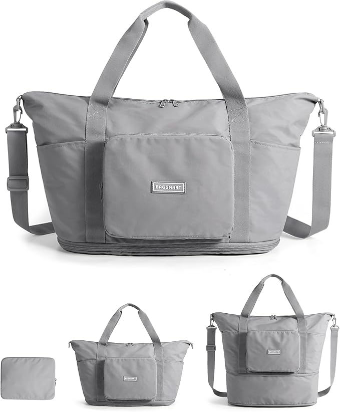 BAGSMART Foldable Travel Bag, 37L Expendable Personal Item Bag, Lightweight Weekender Bags for Women, Water Resistant Extra Carry on for Travel, Gray