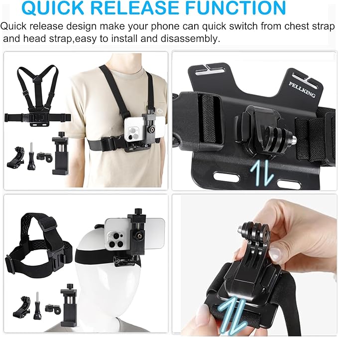 PellKing Mobile Phone Chest Strap Harness Mount Head Strap Holder Kit for POV/VLOG,Cell Phone Clip Compatible with iPhone,Samsung,GoPro Hero 9, 8,7, 6, 5, 4, 3,2, 1,AKASO,DJI Osmo,and Action Cameras…