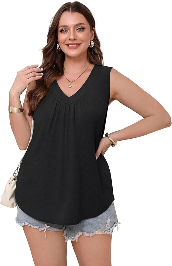 OFEEFAN Tank Top for Women Loose Fit Sleeveless Shirts V Neck Summer Clothes Ruched Women's Tees and Tanks Curved Hem