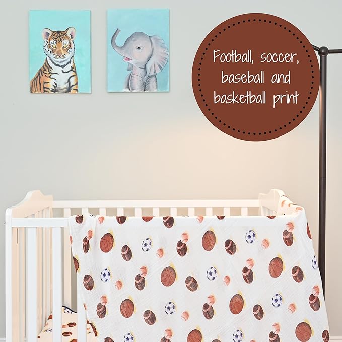 LollyBanks Muslin Swaddle Blanket, 100% Muslin Cotton Soft Baby Blankets for Boys, 47 X 47 Inches Soft and Cozy Baby Wrap Swaddle Breathable Infant Blankets, Newborn Essentials (Sports Print)