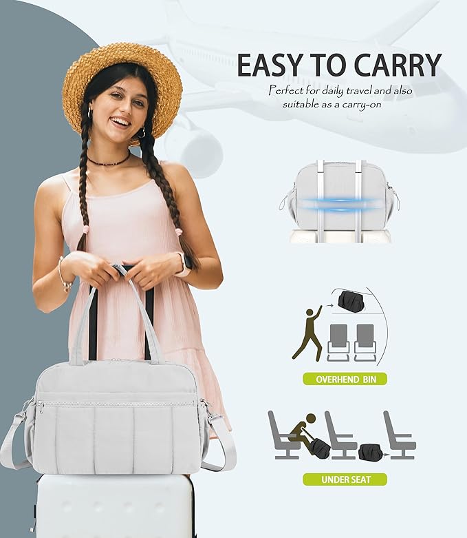 Lightweight Travel Duffle Bag for Women, Quilted Puffy Weekender with Wet Pocket for Gym, Overnight, Personal Item Carry On, Light Grey