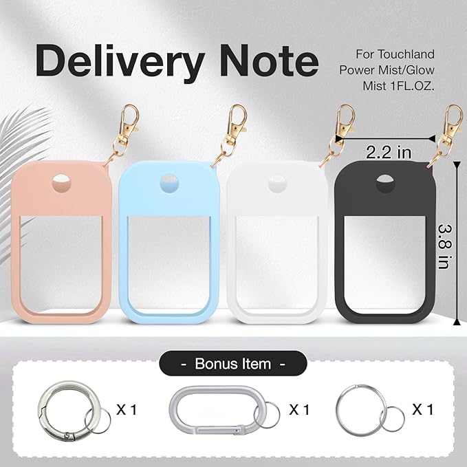 4 PCS Soft Silicone Case for Touchland Power Mist (1FL. OZ./30 mL), Protective and Stylish Case with Keychain Compatible with Touchland Hand Sanitizer Spray (Black/White/Nude/Blue)