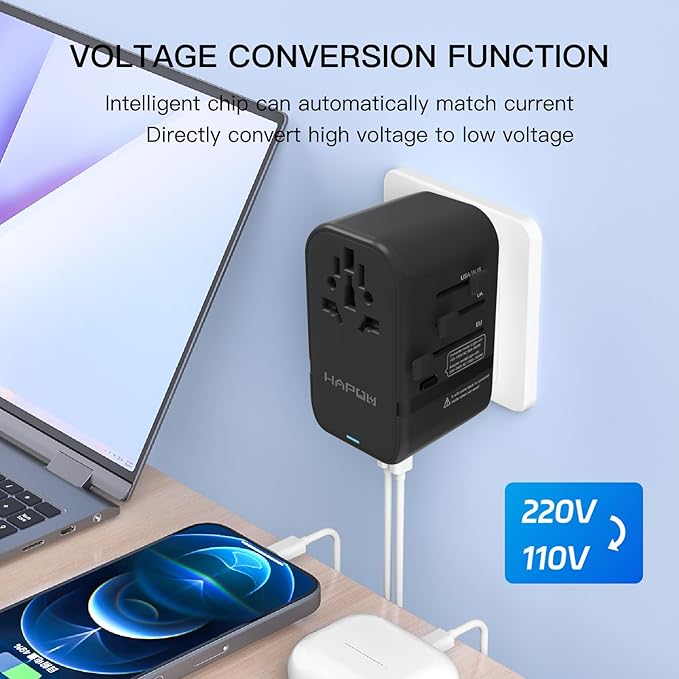 HAPOW Voltage Converter Universal Travel Adapter, PD20W International Power Adapter,Fast Charging Travel Charger, All in One Worldwide Travel Plug Adapter, Outlet Adapter for EU UK USA AU, Black