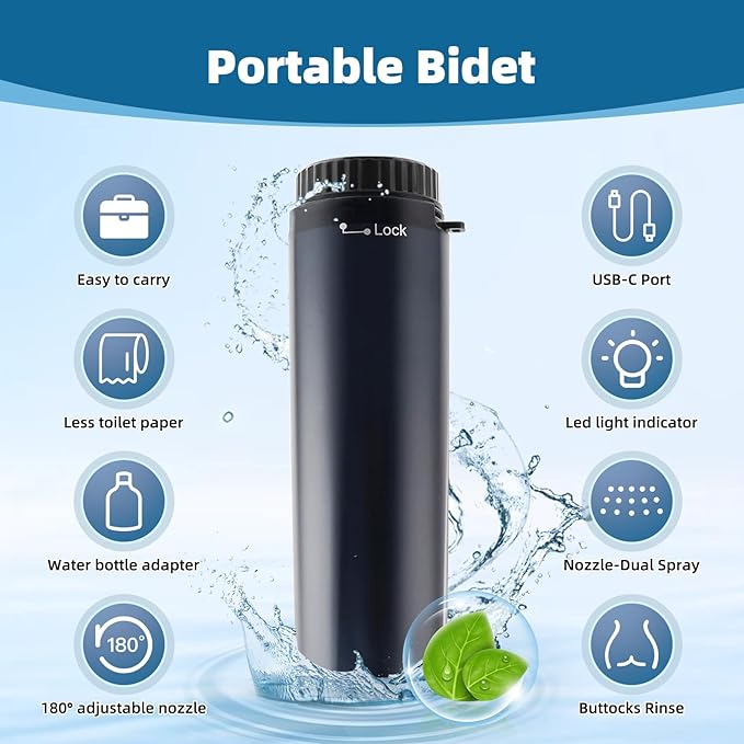 Hibbent 2 Pack Portable Bidet for Travel, High Pressure Handheld Electric Bidet Sprayer for Women & Men, Personal Hygiene Cleaning, Soothing Postpartum Care, Black