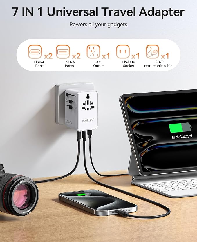 ORICO Universal Travel Adapter 70W GaN International Power Adapter with 2 AC, 3 USB-C and 2 USB-A Ports, Built-in Retractable USB-C Cable, European Travel Plug Adapter for Eu US UK AU & 200+ Countries