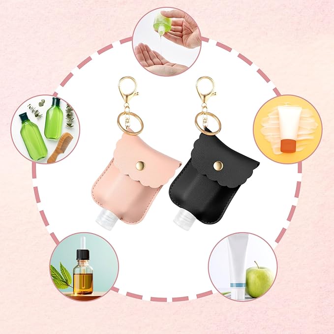 2Pcs Hand Sanitizer Holder Keychain, 60ml Portable Leather Sanitizer Travel Size Keychain Hand Sanitizer Case Refillable Container for Toiletry Lotion Liquid Soap Shampoo (Black, Pink)