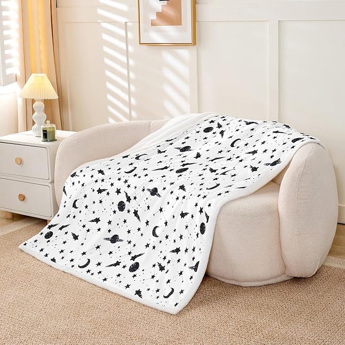 Sun and Moon Kids Throw Blanket,Starry Sky Galaxy Planets Romantic Bed Blanket for Girls Boys Adults,Constellation Trippy Fleece Blanket,Black White Fuzzy Blanket,Throw Size (50 x 60 Inches)