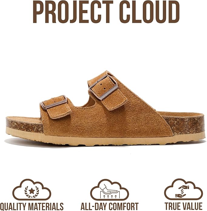 Project Cloud 100% Genuine Leather Flat Sandals For Women 2026 Cork Footbed Womens Sandals with Memory Foam and arch support Vacation Essentials Slides for Women Footwear (Venita)