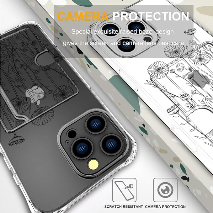 Compatible with iPhone 16 Pro Max Case Card Holder for Women Cute Design,Wallet Phone Cases Transparent Cool Kawaii Protective (Clear Black Flower Bouquet)