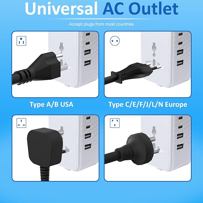 Universal Travel Adapter Worldwide International Plug Adaptor with 2 USB C 2 USB A Ports,World Power Outlet for European USA UK Australia Ireland