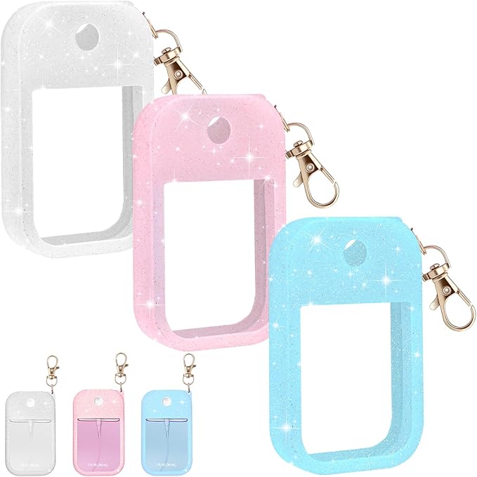 Palksky Hand Sanitizer Spray Case for Touchland,Protective Case with Keychain for Power Mist and Glow Mist1 fl oz(Glitter Sequin Pink and White and Blue),Travel Size