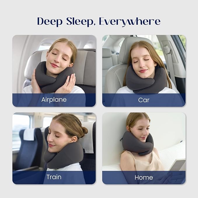 Dream Valley® Neck Travel Pillow, Memory Foam Travel Pillow for Airplane, Portable Roll-Up Neck Pillow with Cooling Inner Fabric, 360° Ergonomic Support, No Head Bobbing, Travel Bag Included