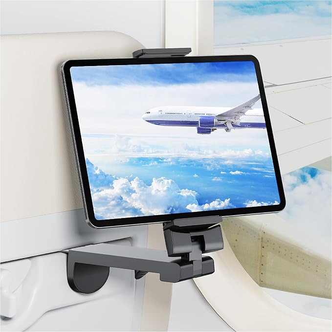 Airplane Tablet Holder Mount, Travel Essential Handsfree Tablet Stand for Flying with Multi-Directional 360 Degree Rotation, Compatible with iPad/Galaxy Tabs (Only Fits 7–11" Tablets)