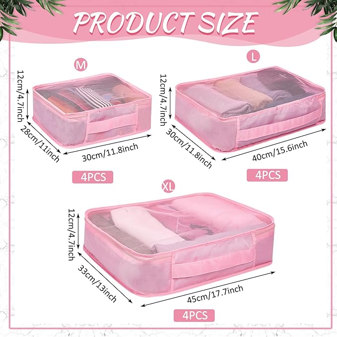 Silkfly 12 Pcs Packing Cubes for Suitcase Travel Luggage Bags Bulk Mesh Organizer Set for Hiking Camping Backpacking Clothes Accessories (Pink,XL, L, M Size)