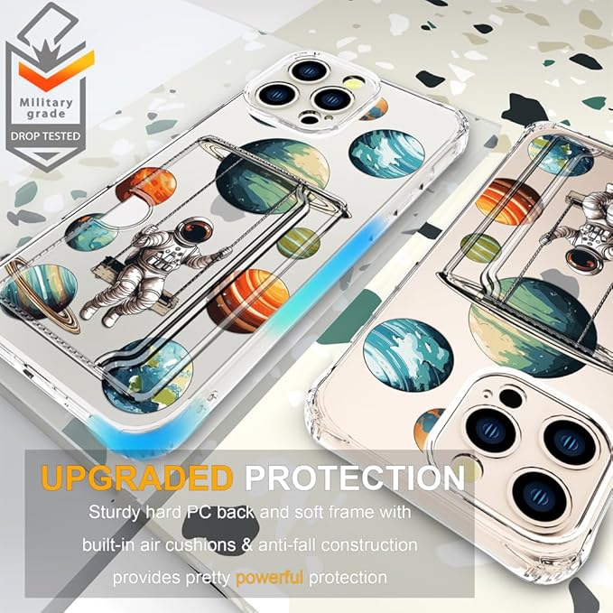 Compatible with iPhone 16 Pro Case Card Holder for Women Cute Design,Wallet Phone Cases Transparent Cool Kawaii Protective (Clear Astronaut Space Planets)