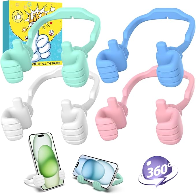 CALDEVER Stocking Stuffers for Teen Boys Girls Kids Cell Phone Stand - 2 Pack Thumbs Up Lazy Phone Holder for Desk Birthday Gifts for Adults Women Men (Macaron Blue/Green/Pink/White, 4)