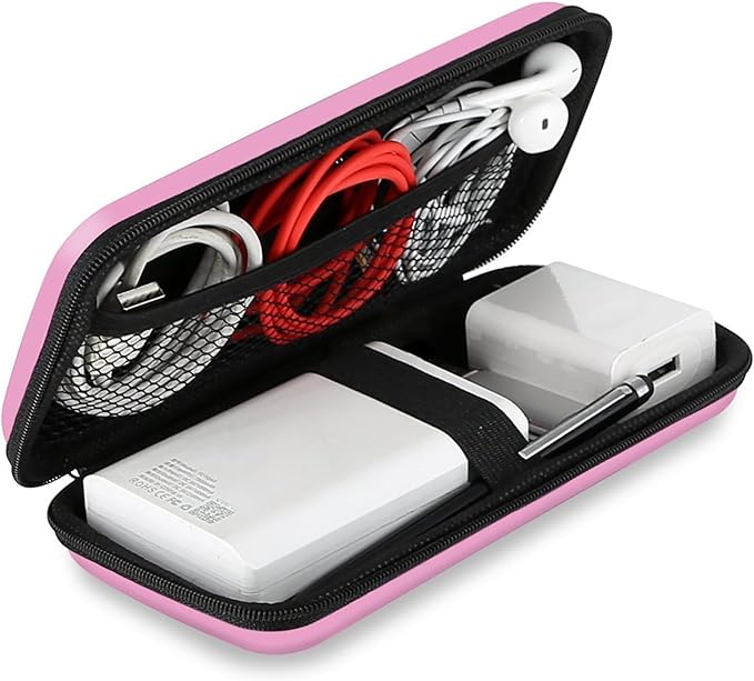 iMangoo Travel Essential Electronics Organizer Pouch Charger Case, Shockproof Dual Zipper Power Bank Cables Tech Accessories Purse, Men & Women Travel Must Have Storage Bag, 6.5x3.2x1 inch Pink